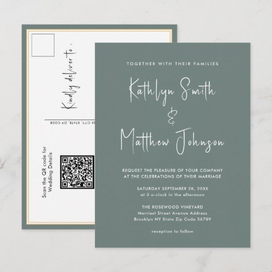 Sage Green QR Code All in One Modern Wedding Uitnodiging Briefkaart (Voorkant / Achterkant)