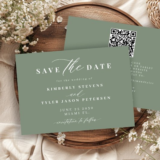 Sage green QR code simple elegant wedding  Save The Date