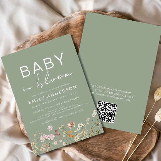 Sage Green QR Code Wildflower Baby in Bloom Shower Kaart