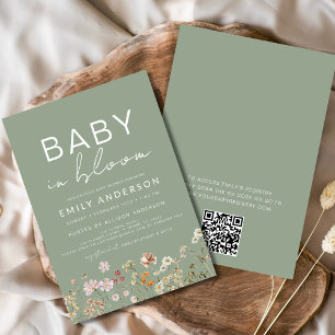 Sage Green QR Code Wildflower Baby in Bloom Shower Kaart
