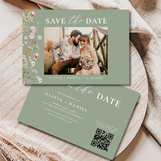 Sage Green QR Code Wildflower Wedding Save The Date