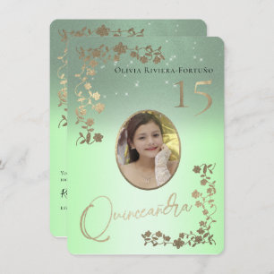 Sage Green Quince Gold Glitter Photo Quinceanera Kaart