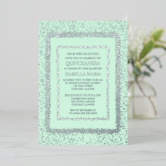 Sage Green Quinceañera Uitnodiging Glam Sparkle (Staand Voorkant)