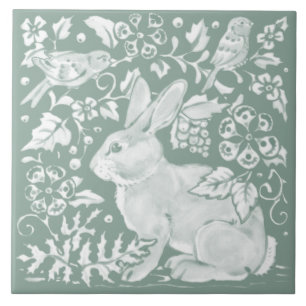 Sage Green Rabbit Bird Woodland Floral Tegeltje