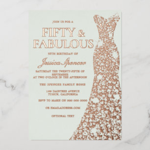 Sage Green Real Roos Gold Dress 50th Birthday Folie Uitnodiging