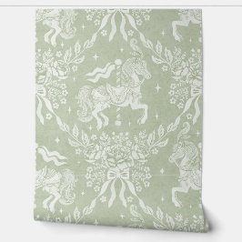 Sage Green Rococo Carousel Horses and Florals Behang