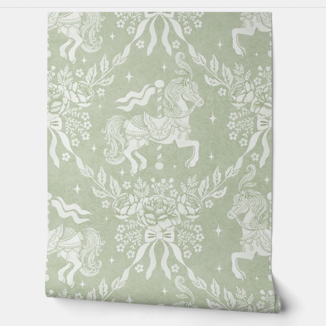 Sage Green Rococo Carousel Horses and Florals Behang (Afrollen)
