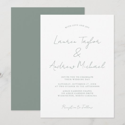 Sage Green Romantic Modern Wedding Invitation Kaart (Voorkant / Achterkant)