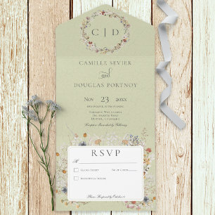 Sage Green  Romantic Wildflower No Dinner All In One Uitnodiging