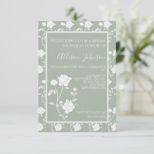 Sage Green Roos Bridal Shower Invitation Kaart (Staand voorkant)