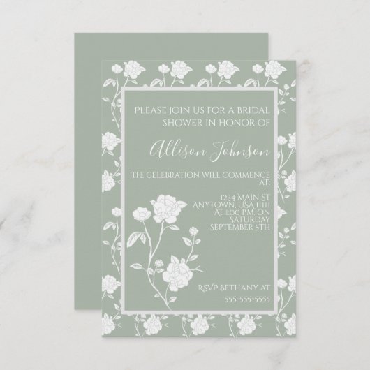 Sage Green Roos Bridal Shower Invitation Kaart (Voorkant / Achterkant)