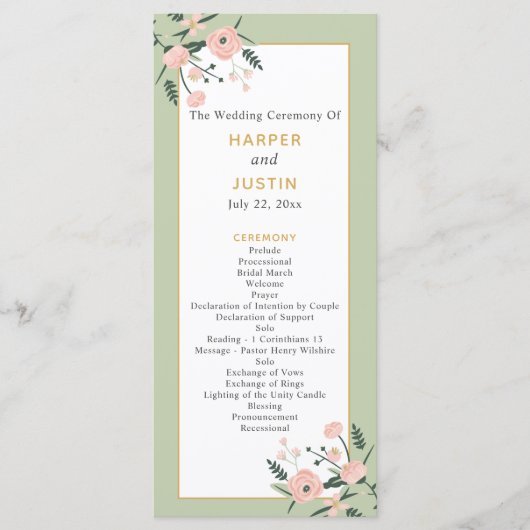 Sage Green & Roos Pink Garden Elegant Wedding Programma (Voorkant)