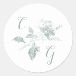 Sage Green Rose Line Art Monogram Wedding Ronde Sticker