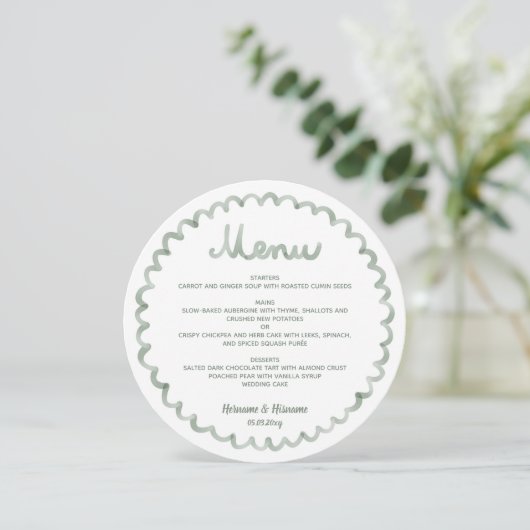 Sage Green Round Whimsical Frame Wedding Menu (Debout devant)