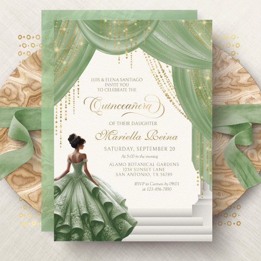 Sage Green Royal Fairytale Modern Quinceanera Kaart
