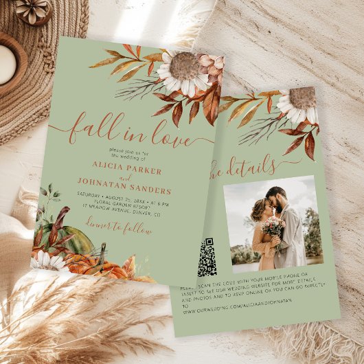 Sage green rust leaves boho floral fall wedding kaart