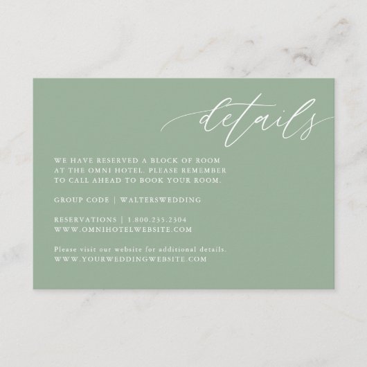 Sage Green Rustic Mariage Détails Cartes (Devant)