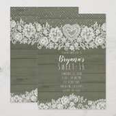 Sage Green Rustic Wood & Lace Sweet 16 Verjaardag Kaart (Voorkant / Achterkant)