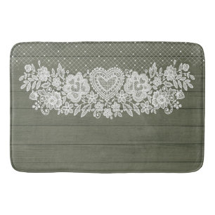 Sage Green Rustic Wood & White Lace Lacy Farmhouse Badmat