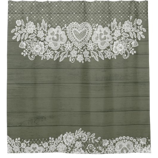 Sage Green Rustic Wood & White Lace Lacy Farmhouse Douchegordijn (Voorkant)