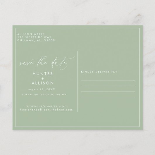 Sage Green Save the Date Briefkaart (Achterkant)