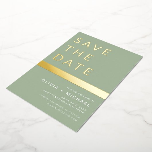 Sage Green Save the Date Elegant Gold Folie Uitnodiging (Gedraaid)