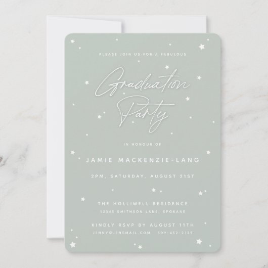 Sage Green Script en Stars Graduation Party Kaart (Voorkant)