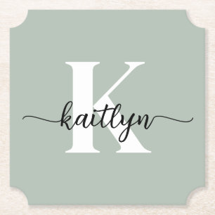 Sage Green Script Monogram Kartonnen Onderzetters
