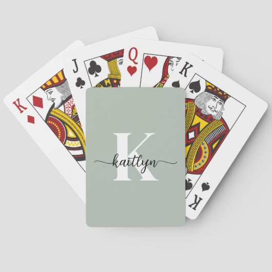 Sage Green Script Monogram Pokerkaarten (Achterkant)