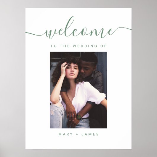 Sage Green Script Photo Weddenschap Welkomstteken Poster (Voorkant)