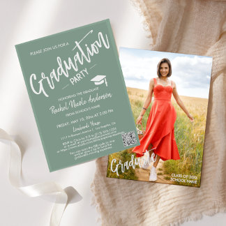 Sage Green Script QR Code Photo Graduparty Kaart