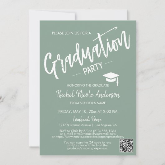 Sage Green Script QR Code Photo Graduparty Kaart (Voorkant)