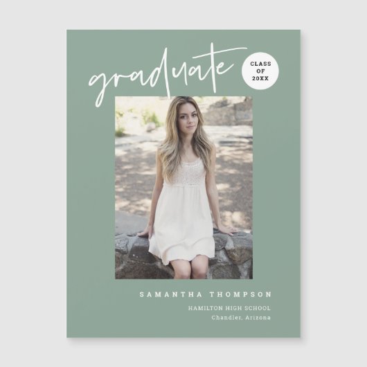 Sage Green Script School Graduate Photo Magnet (Devant)