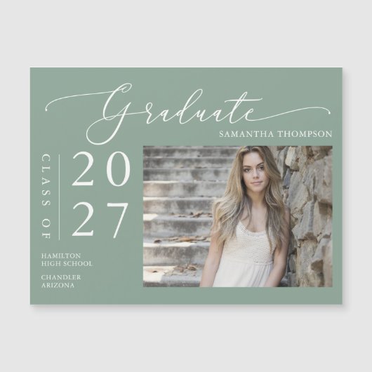 Sage Green Script School Graduate Photo Magnet (Devant)