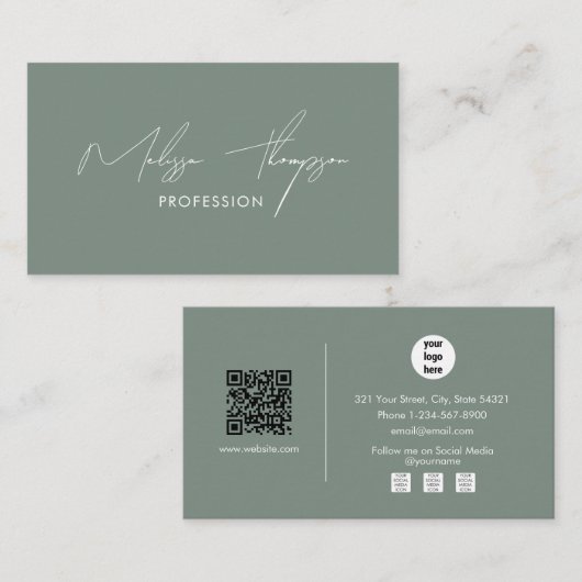 Sage Green Signature Script Professionele QR-code Visitekaartje (Voorkant / Achterkant)