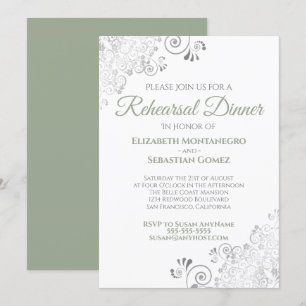Sage Green & Silver Lace Wedding Rehearsal Dinner Kaart
