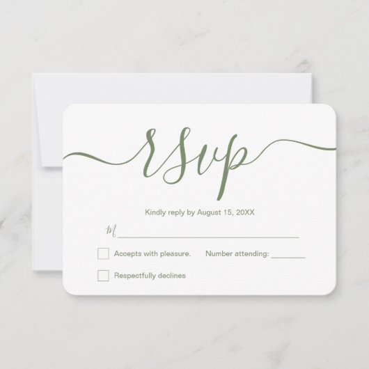 Sage green Simple Elegant Modern Weddenschap Custo RSVP Kaartje (Voorkant)