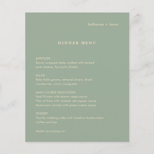 Sage Green Simple Modern Wedding Menu (Voorkant)