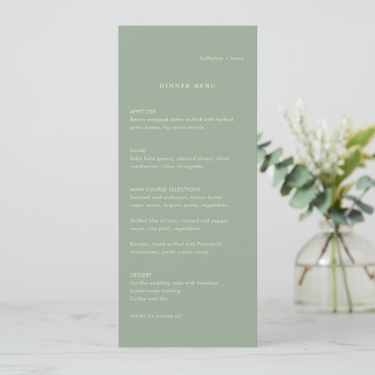 Sage Green Simple Modern Wedding Menu (Staand voorkant)