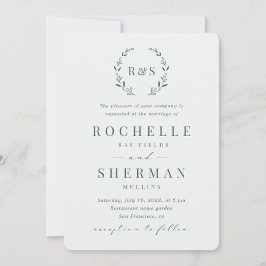 Sage Green Simple Rustic Leaf Monogram Weddenschap Kaart (Voorkant)