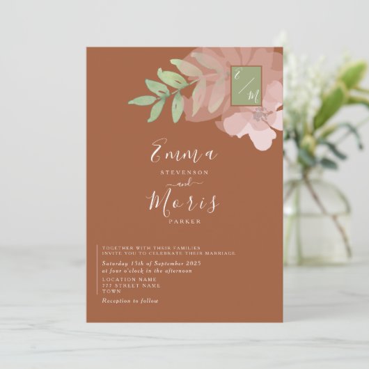 Sage Green Sinaasappel Monogram Weddenschap Kaart (Staand voorkant)