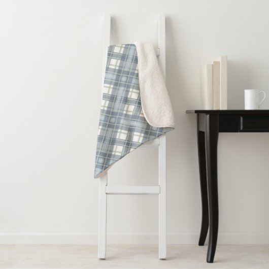 Sage Green, Slate Blue en Cream Plaid Sherpa Deken (In situ)