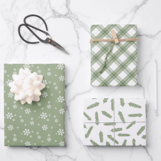 Sage Green Snowflakes Pine Pset Holiday Patronen Inpakpapier Vel (Voorkant)