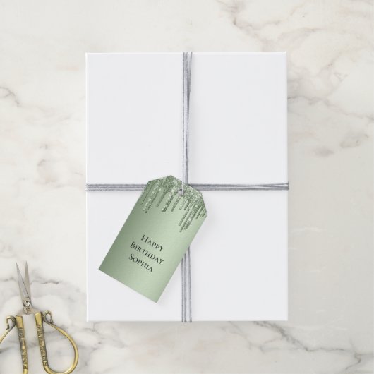Sage Green Sparkle Glitter Drips Verjaardag Cadeaulabel (Met Touw)