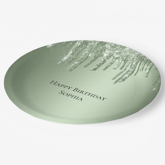 Sage Green Sparkle Glitter Drips Verjaardag Papieren Bordje (Gekanteld)