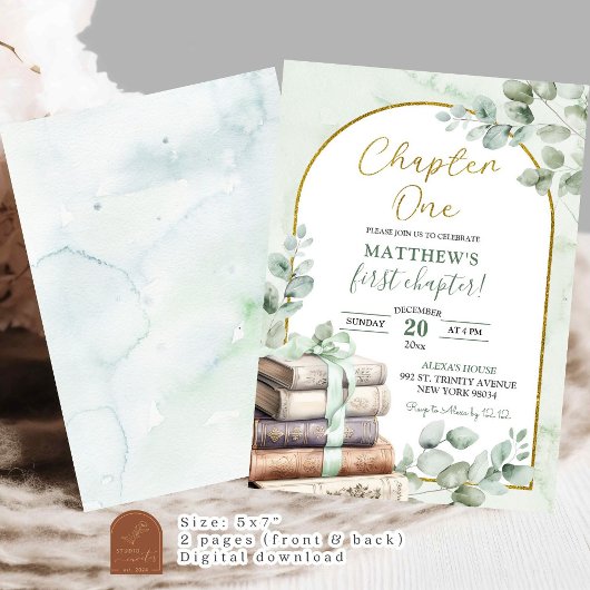 Sage Green Storybook Chapter One Eerste Verjaardag Kaart