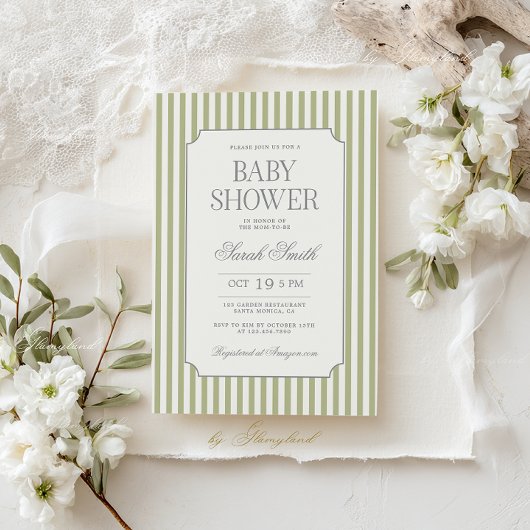 Sage Green Stripe Baby Shower Invitation