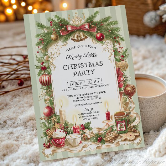 Sage Green Stripe Merry Little Christmas Party Kaart