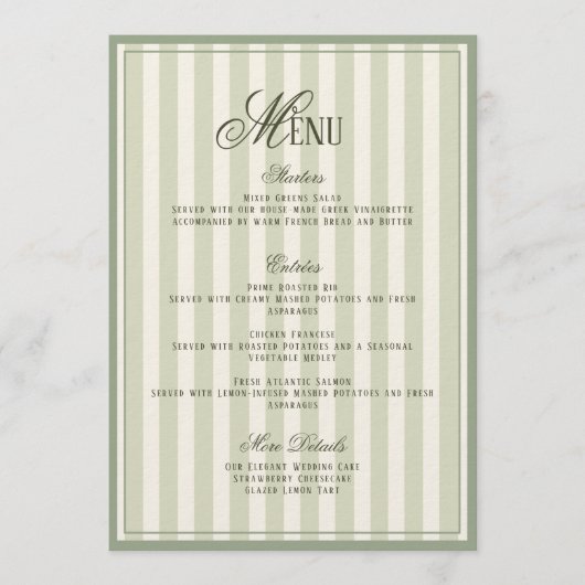 Sage Green Striped Wedding Menu  Card Kaart (Voorkant)