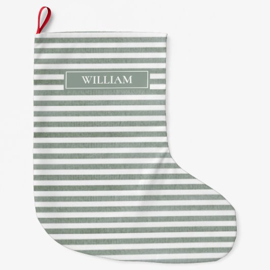 Sage Green Stripes gepersonaliseerd Grote Kerstsok (Voorkant)